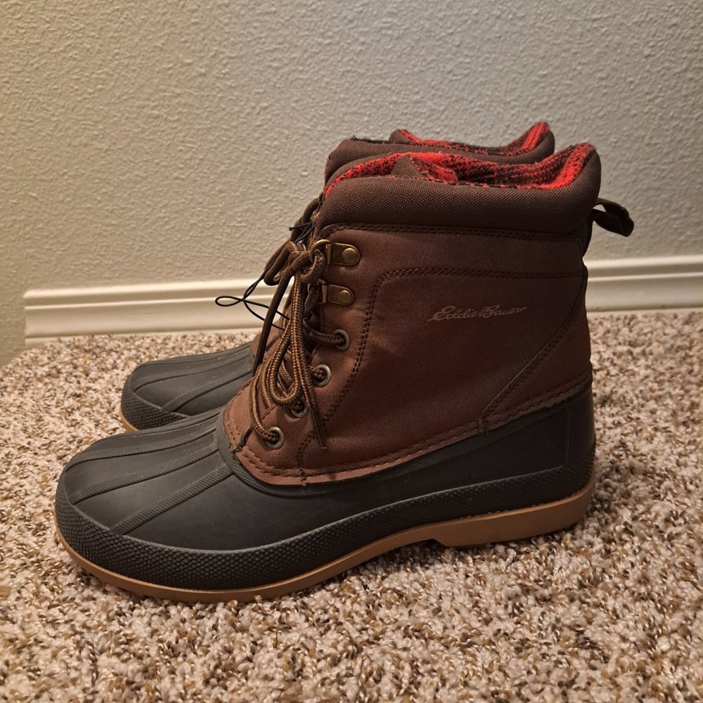 Eddie Bauer Men's Donner Duck Boots Brown Waterproof Plaid Lined New Size 9